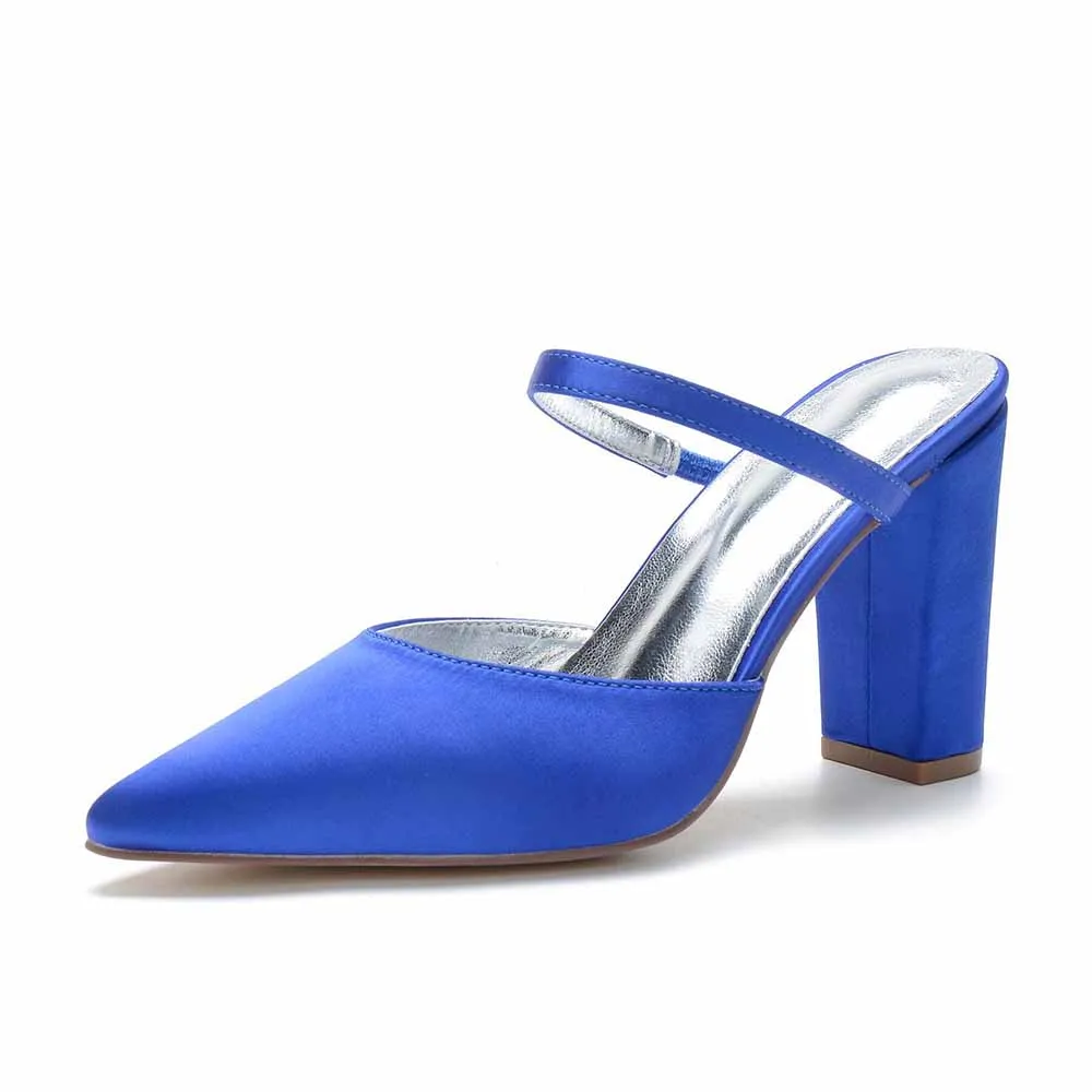 Women hand-made chunky heels party satin slippers