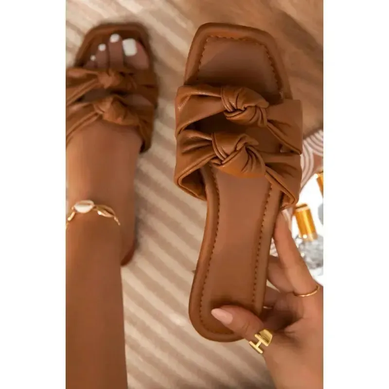 Women Sandals Open Toe Flat Slippers Women Square Head Bow Beach Women Shoes
