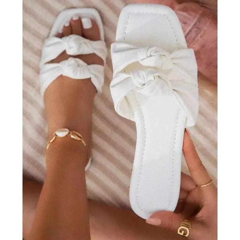 Women Sandals Open Toe Flat Slippers Women Square Head Bow Beach Women Shoes