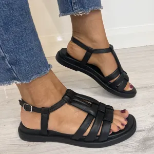 Wonders Black Leather Flat Sandals