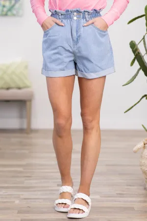 Zenana Light Wash Elastic Waist Cuffed Shorts